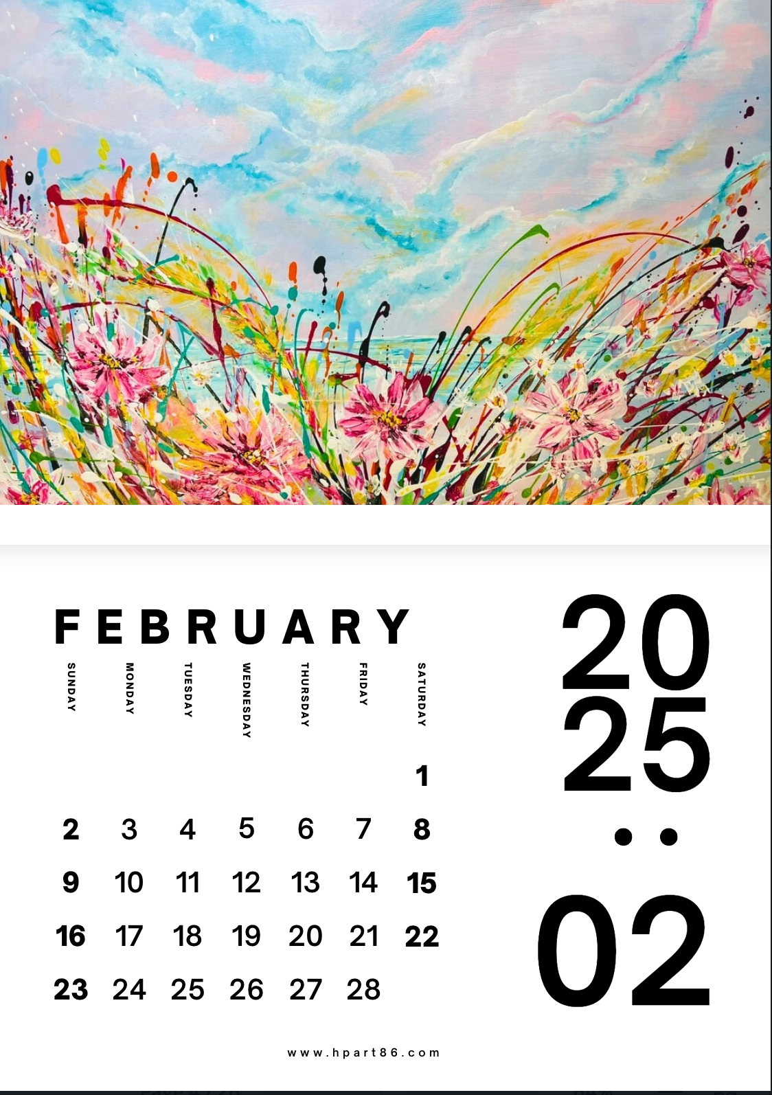 2025 art calendar page for February with bright blooming flowers illustration and date grid