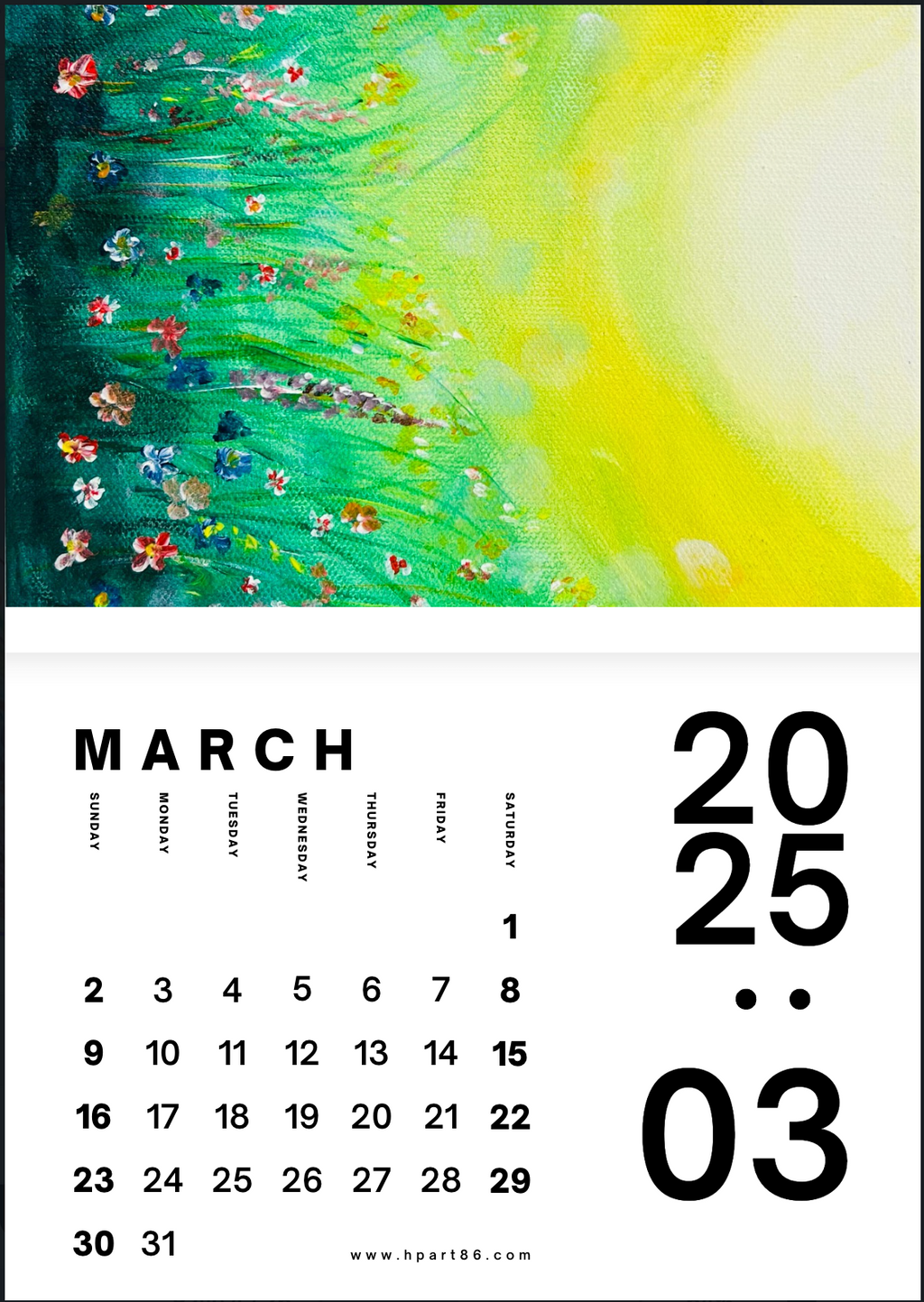 2025 art calendar page for March with green-yellow abstract sky and date grid
