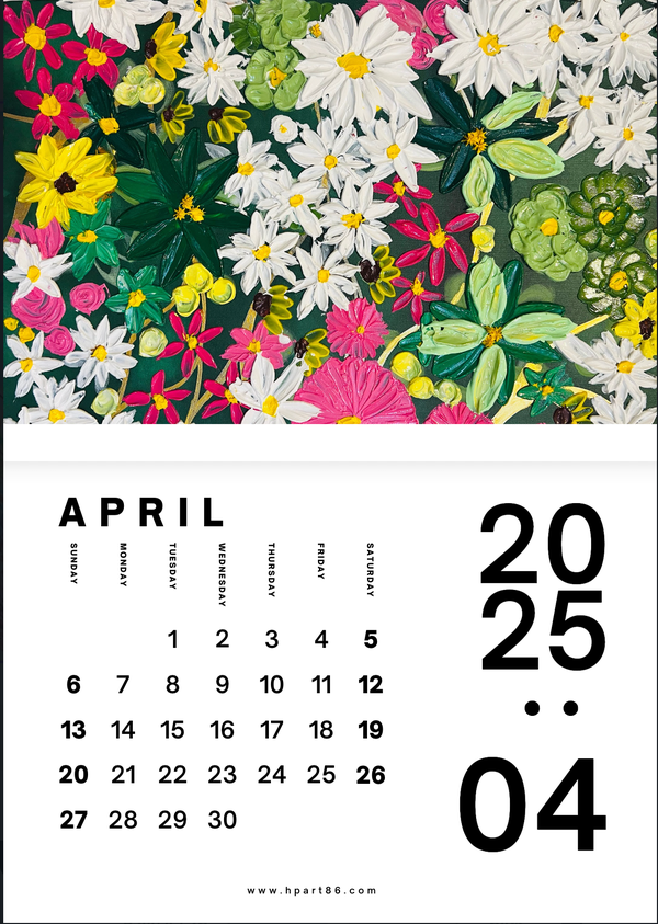 2025 art calendar page for April with colorful floral illustration and date grid