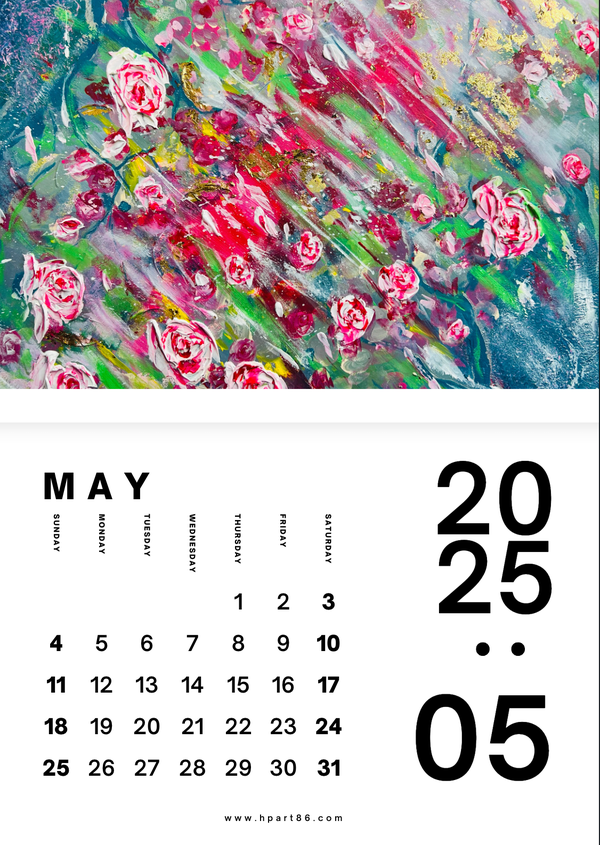 2025 art calendar page for May with pink roses and bright abstract brushstrokes