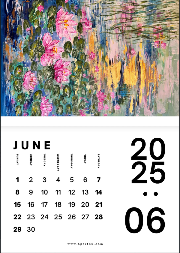 2025 art calendar page for June with colorful garden painting and date grid