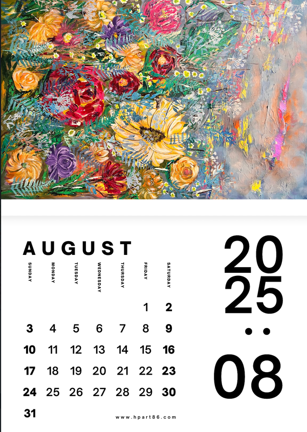 August 2025 calendar page with vibrant abstract birds and date grid