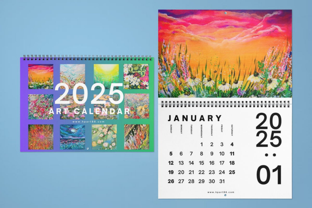 2025 art calendar set showing multiple small art panels and a January date page