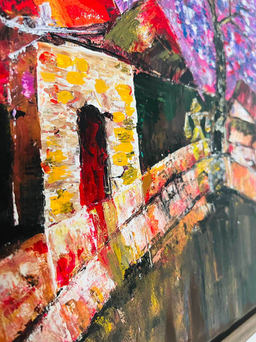 Abstract multicolor street wall art with layered brushstroke buildings and figures