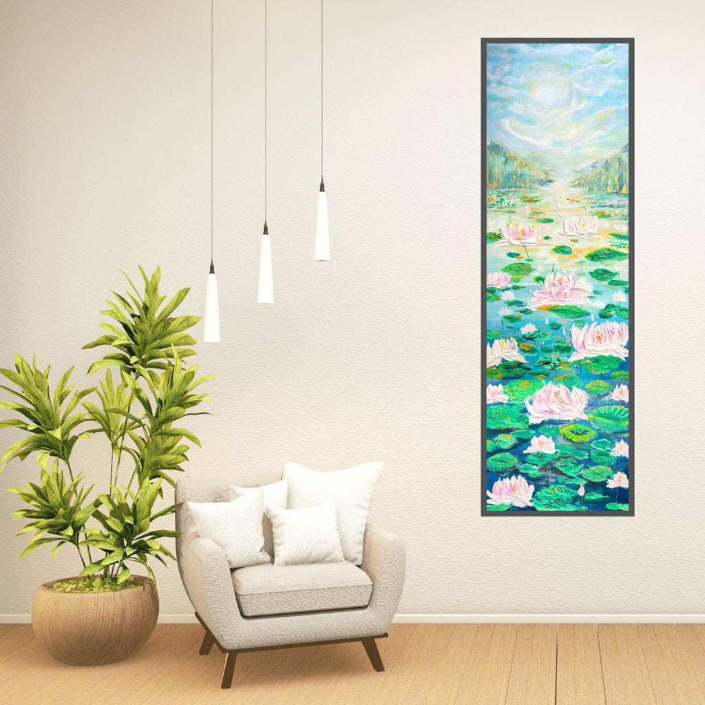 Wall-hung vertical textured lotus painting with pink flowers and green lily pads