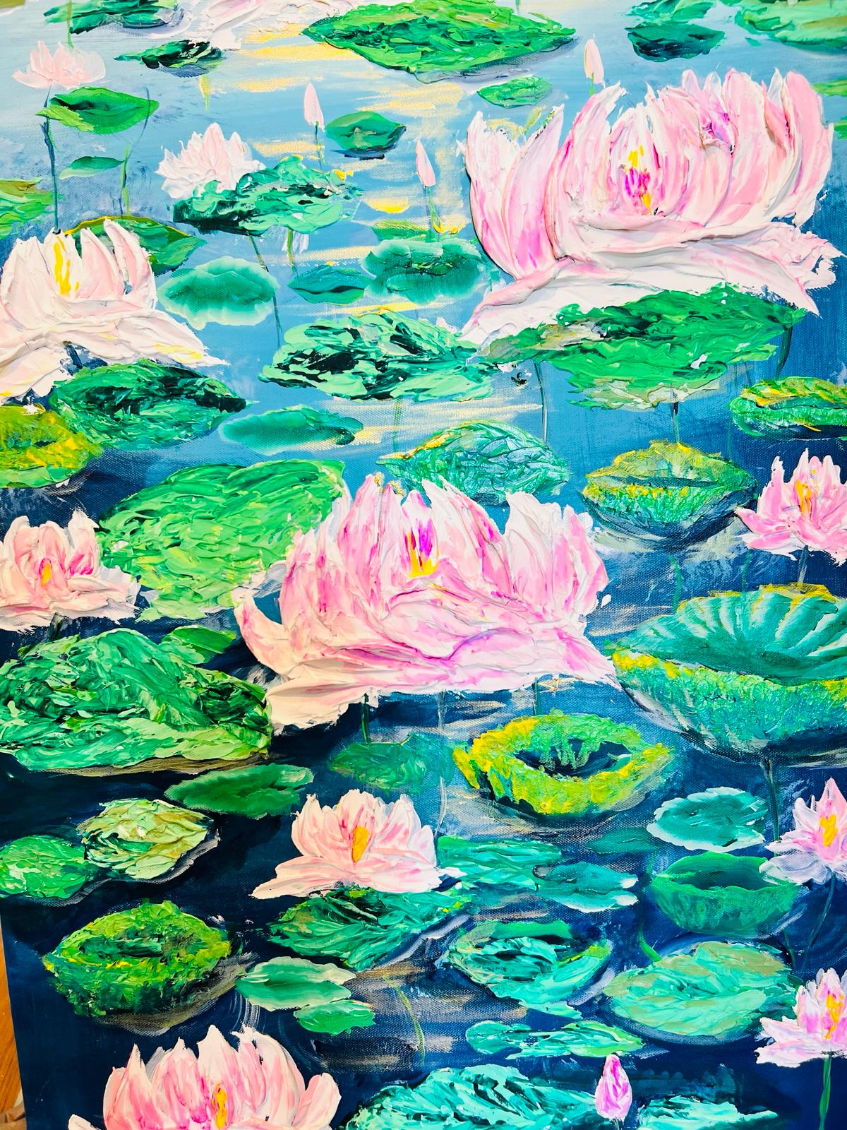 Colorful textured lotus water scene with multiple pink flowers and bright green pads