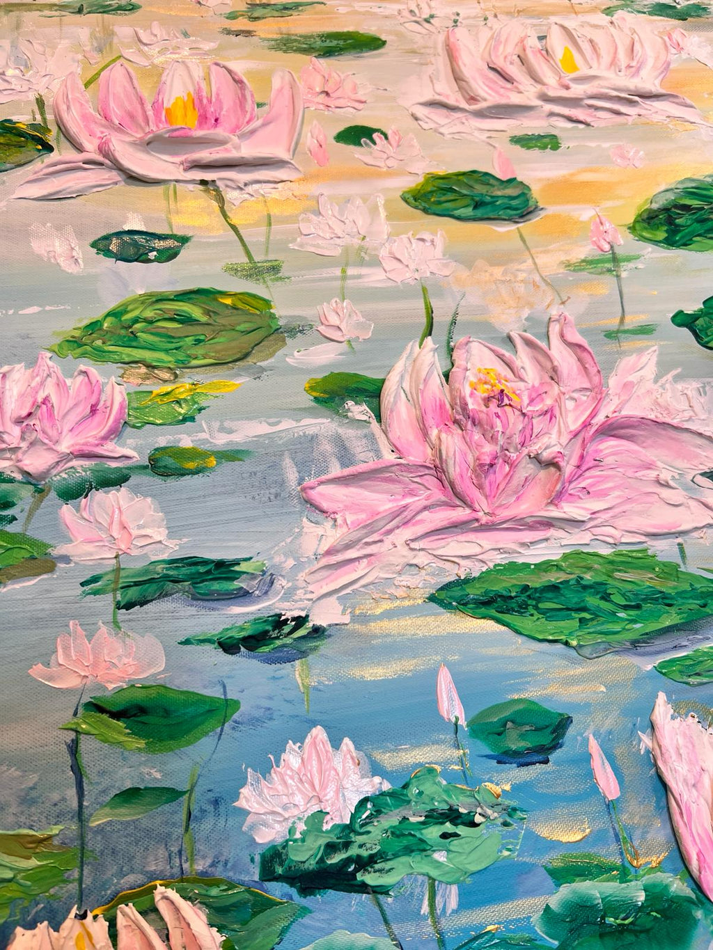 Textured 3D lotus flowers painting with pink blossoms and green lily pads