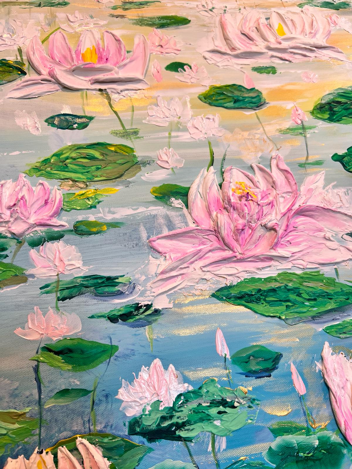 Textured 3D lotus flowers painting with pink blossoms and green lily pads