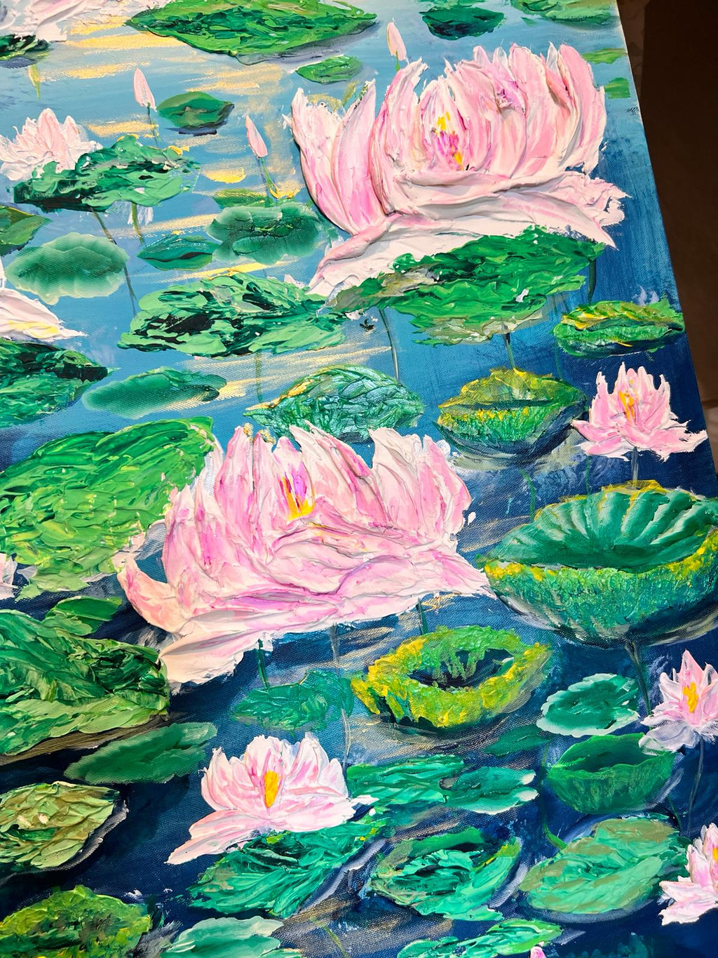 Vertical textured lotus artwork with large pink flowers and layered green pads