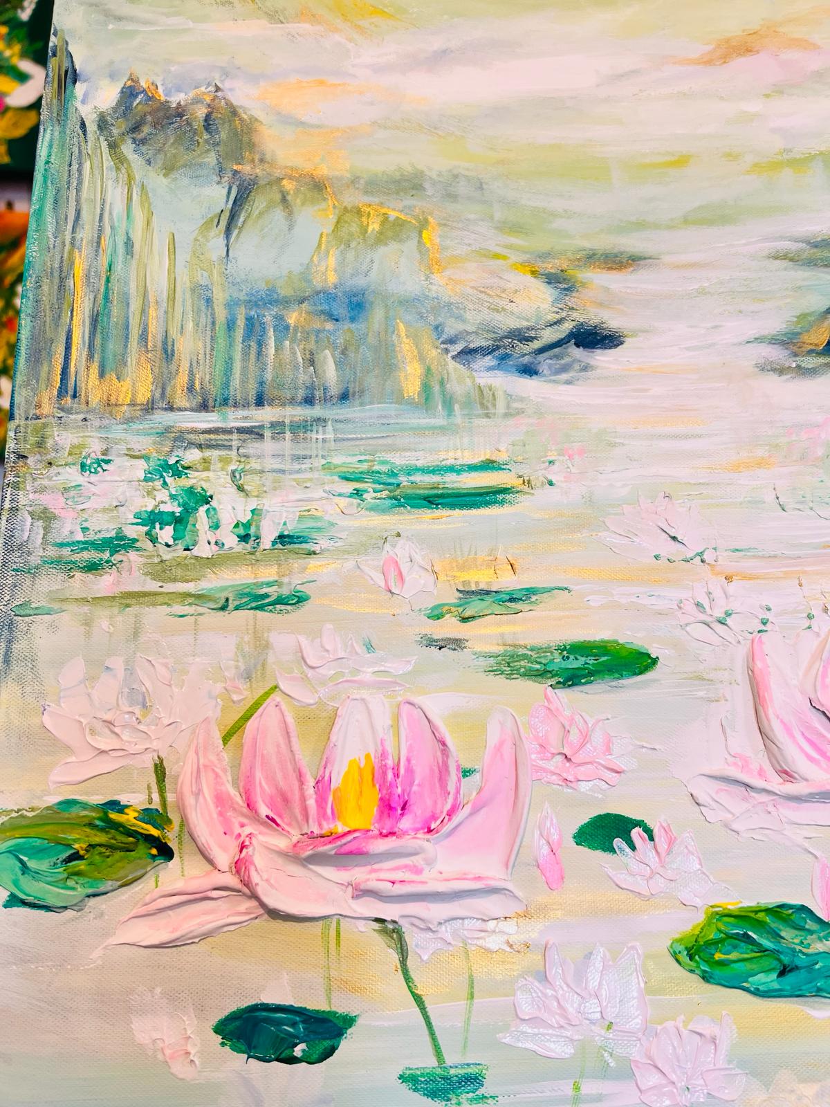 Thick impasto lotus pond painting with pink blossoms, green leaves, and water highlights