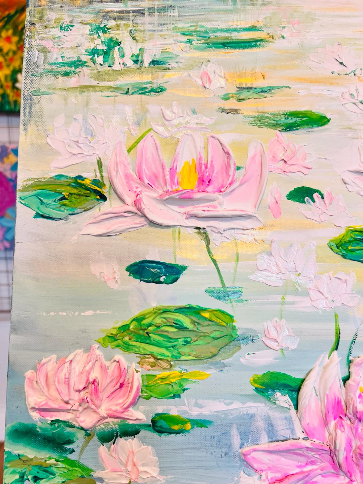 Vertical lotus wall art with pink lilies and green lily pads over a pale background