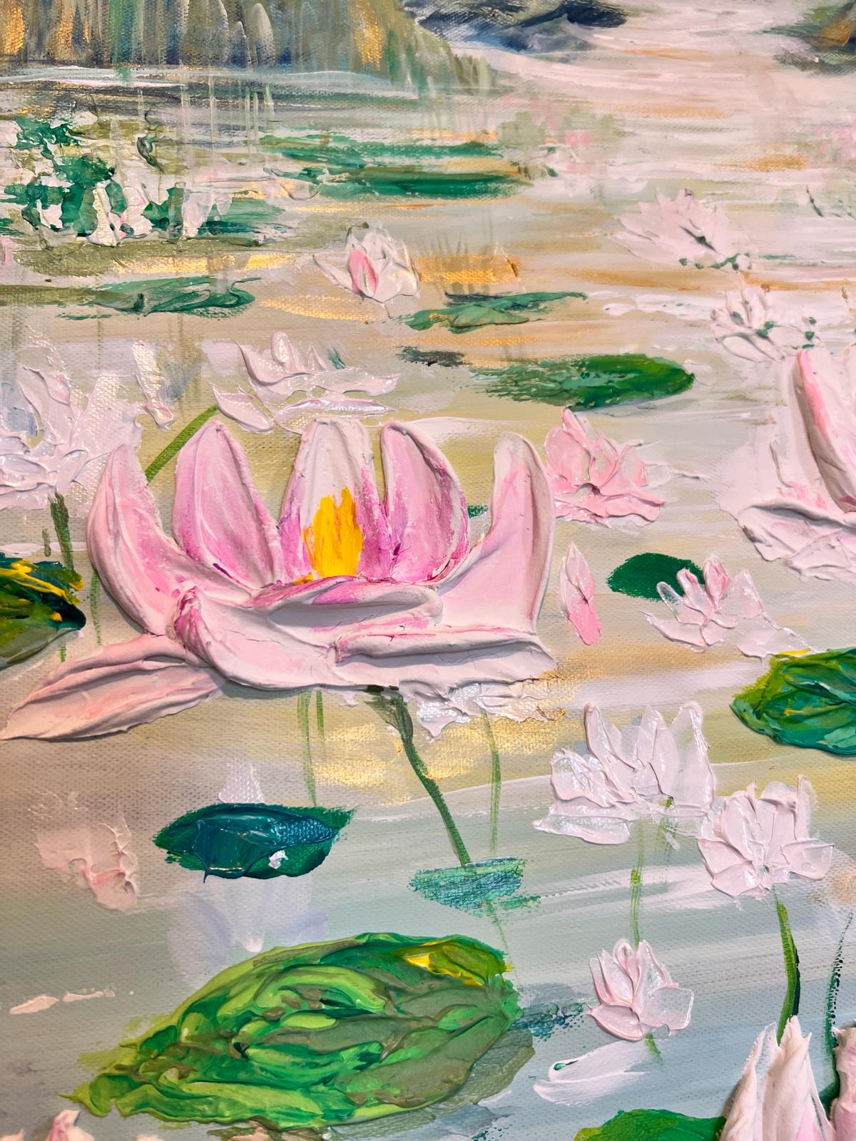 Textured lotus pond painting featuring pink blooms and scattered green pads