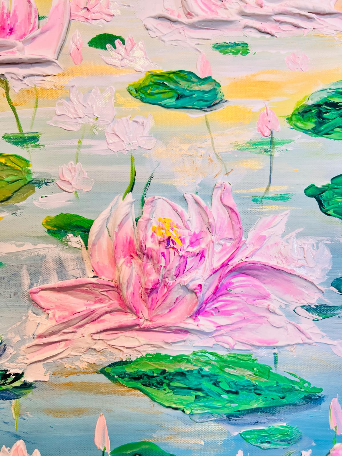 Close-up textured lotus painting with a large pink flower and green lily pads