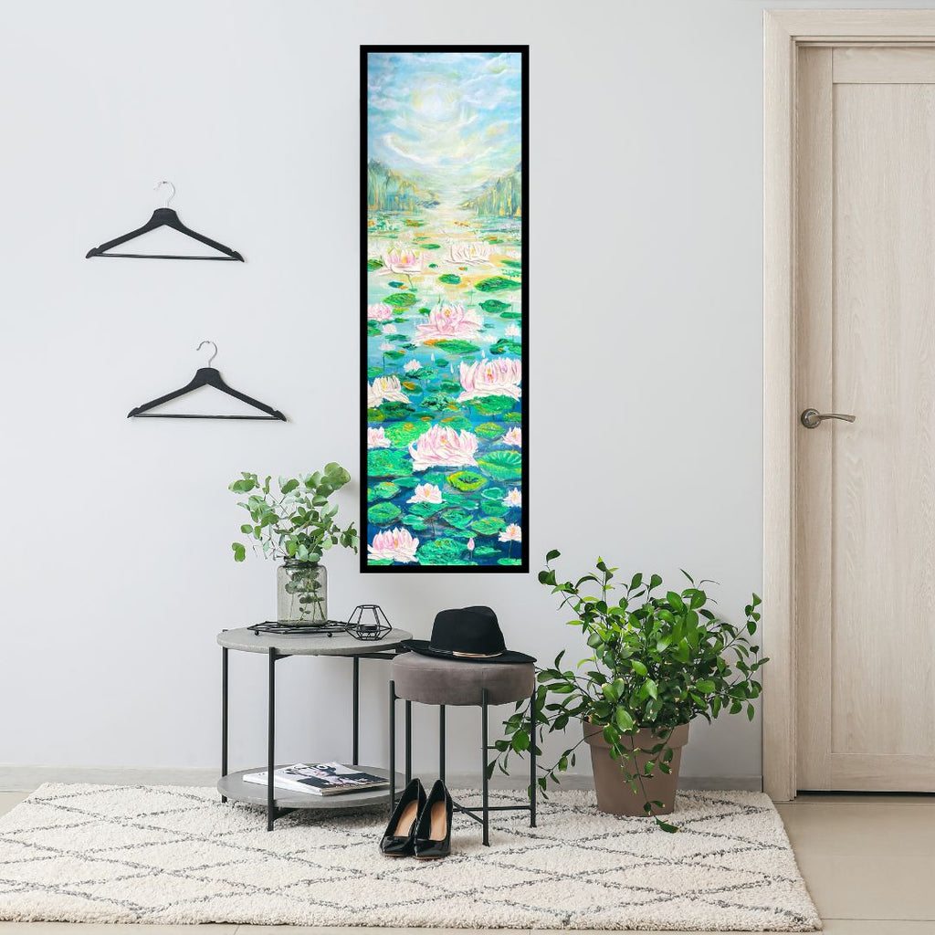 Framed vertical textured lotus painting featuring pink blossoms and green lily pads