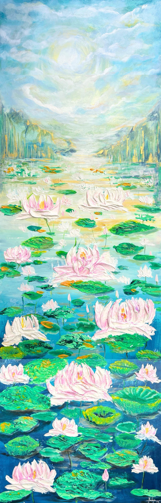 Vertical textured lotus artwork with pale pink blossoms and layered green lily pads