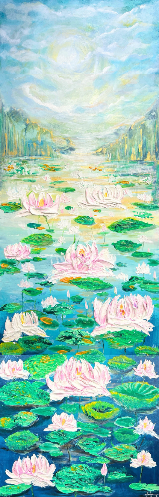 PARADISE - Thick textured artwork 3D lotus flowers vertical painting with LIGHT-UP feature