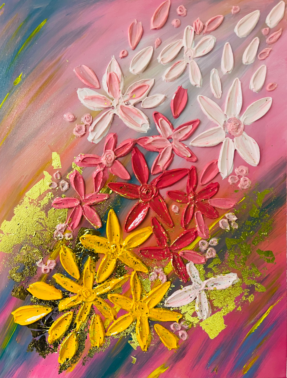 Textured floral wall art with white, pink, and yellow jeweled flowers on pastel canvas