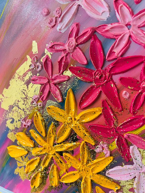 Textured floral wall art with pink and yellow jeweled flowers on canvas