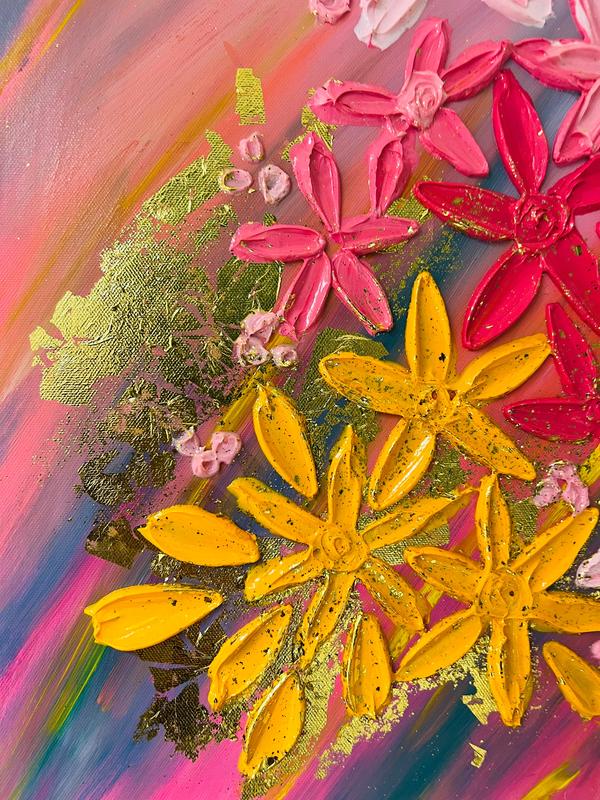 Textured floral wall art with bright yellow, pink, and red jeweled flowers and gold flecks