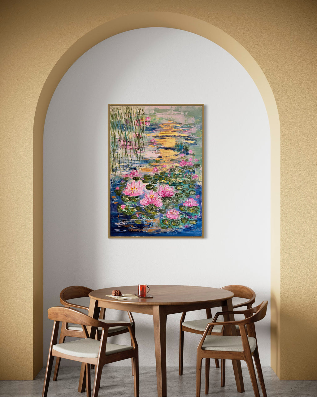 Framed textured artwork of pink water lilies on green pads with warm golden sky tones