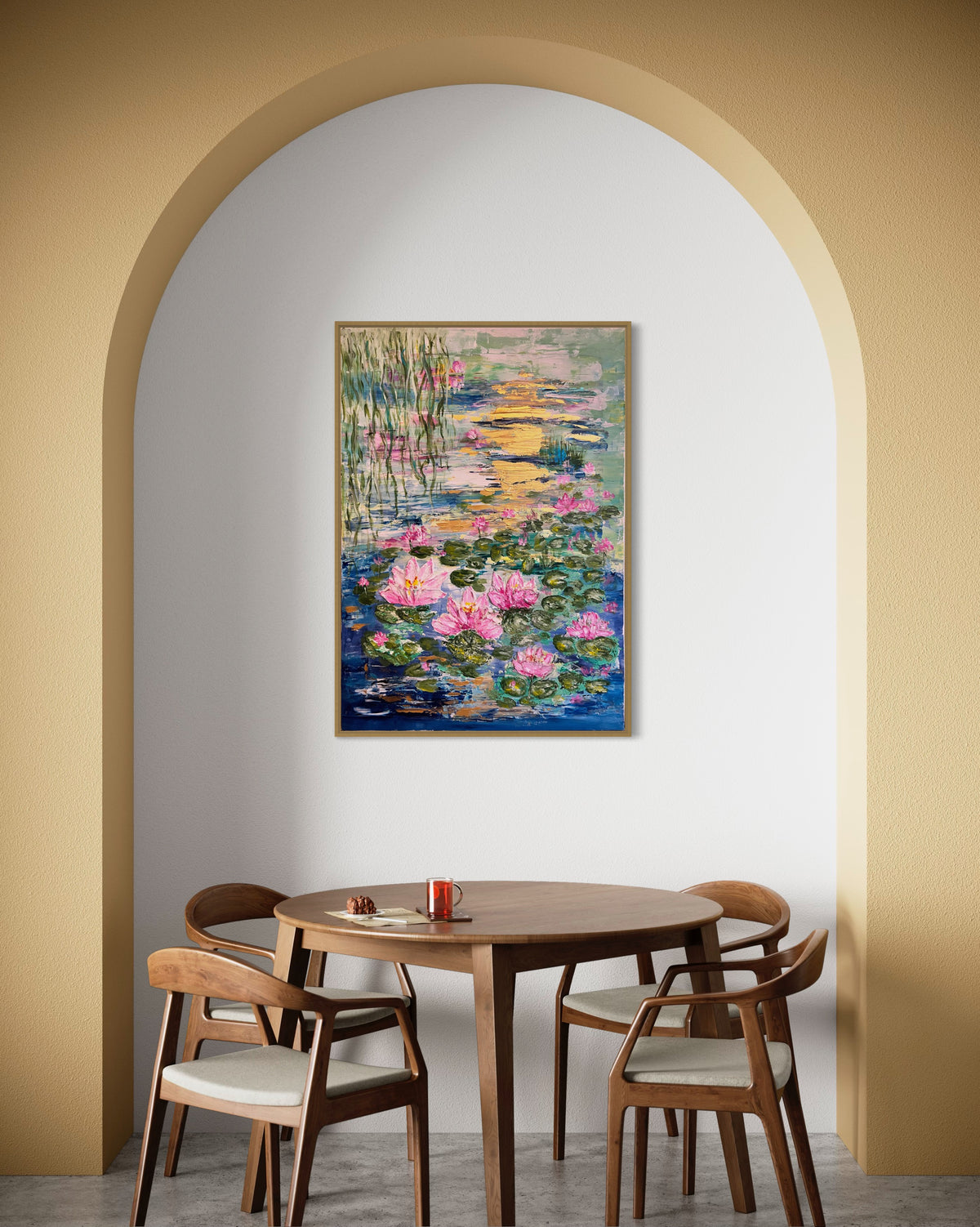 Framed textured artwork of pink water lilies on green pads with warm golden sky tones