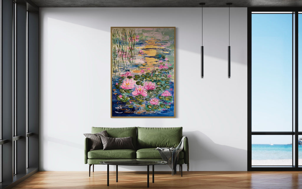 Framed textured painting with pink blossoms, green lily pads, and colorful sunset reflections