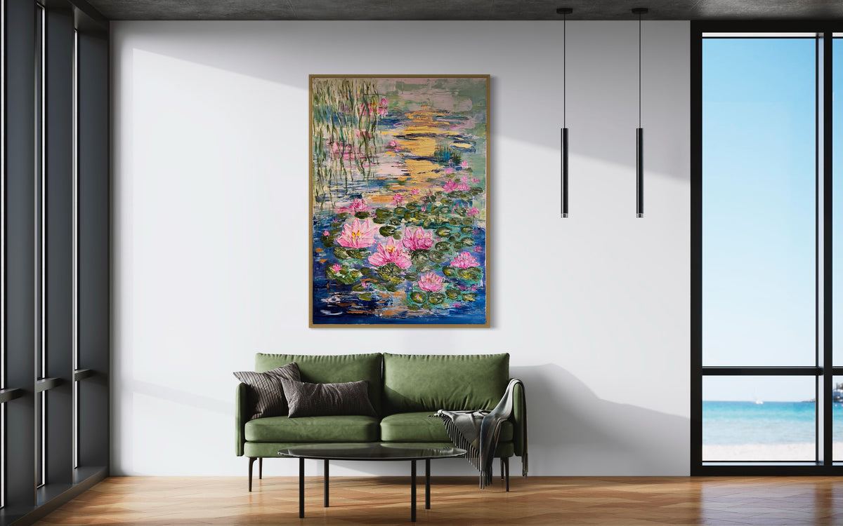 Framed textured painting with pink blossoms, green lily pads, and colorful sunset reflections