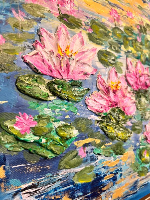 Textured painting close-up of pink lotus blooms over green lily pads and rippling blue water