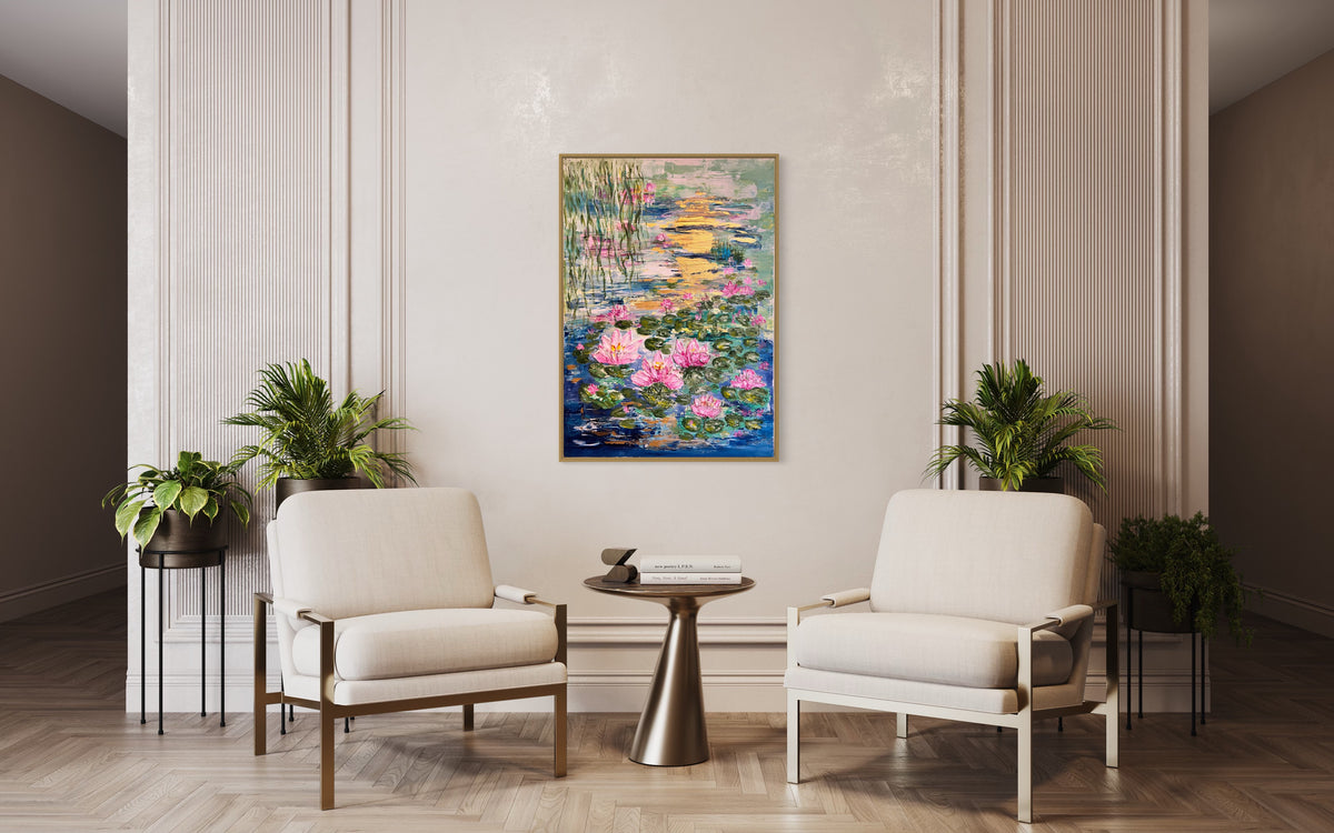 Framed textured floral painting with pink blossoms and green lily pads in multicolor water