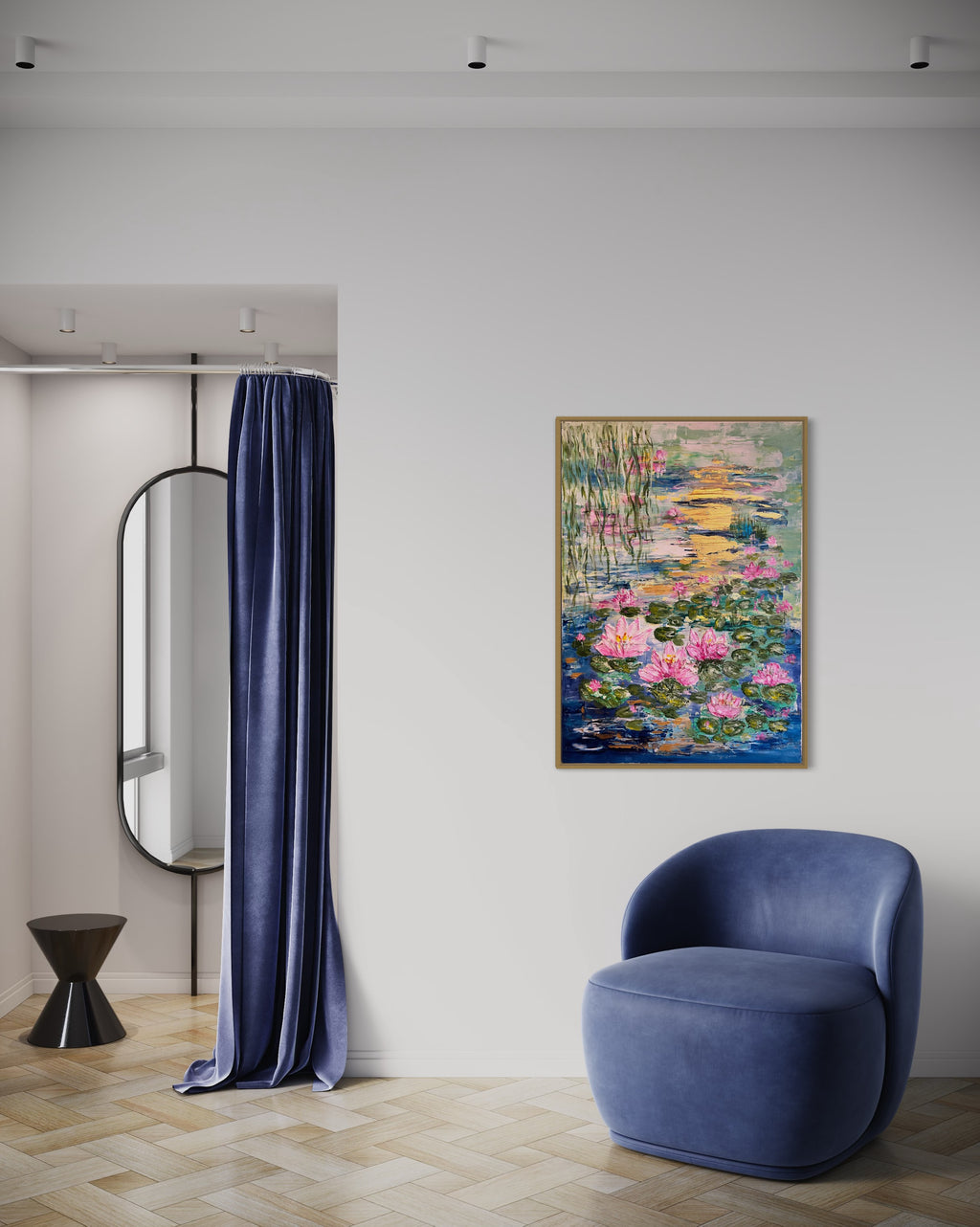 Framed textured painting with pink flowers and green pads over a blue water surface