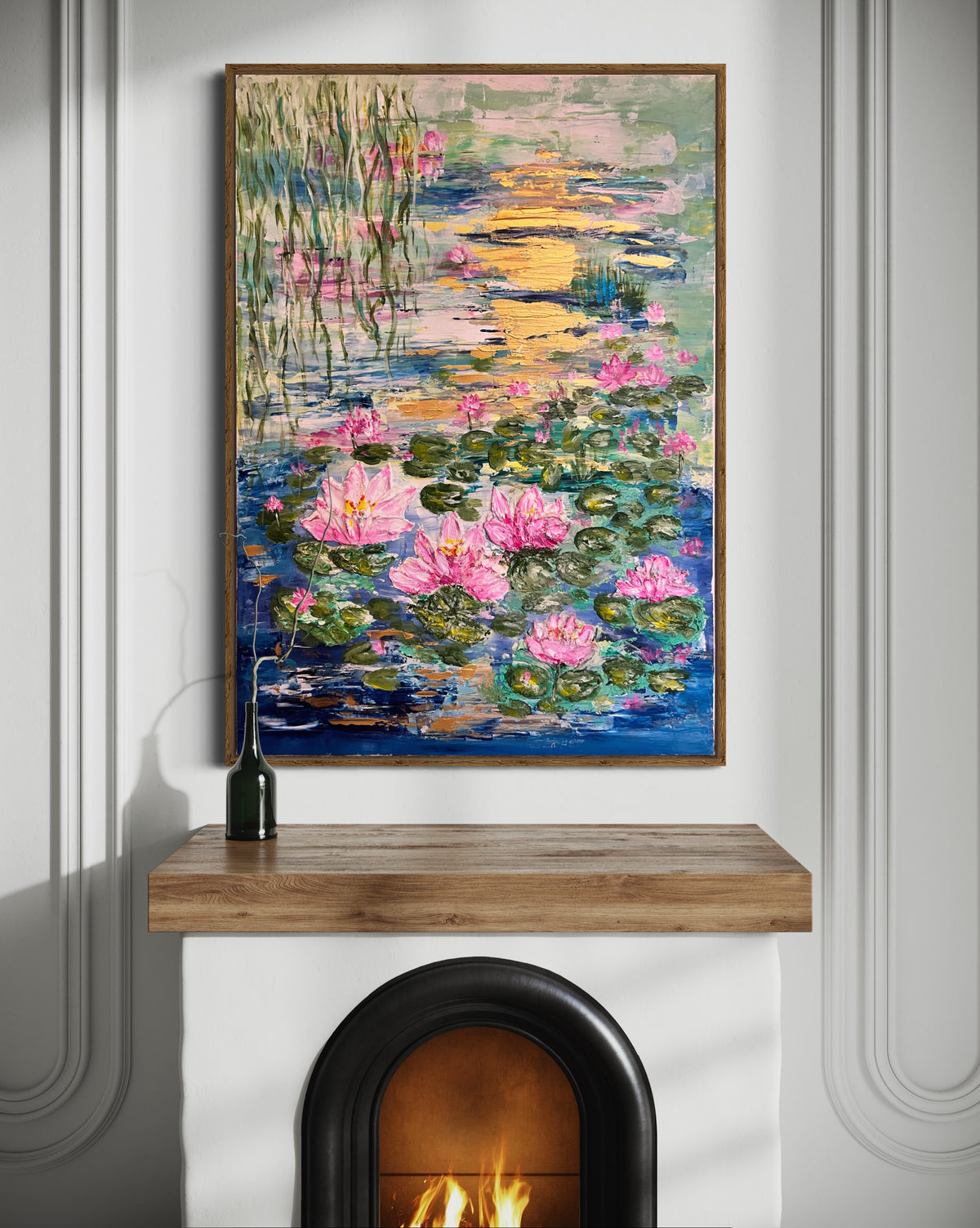 Framed textured painting with pink water lilies, green pads, and golden sunset highlights