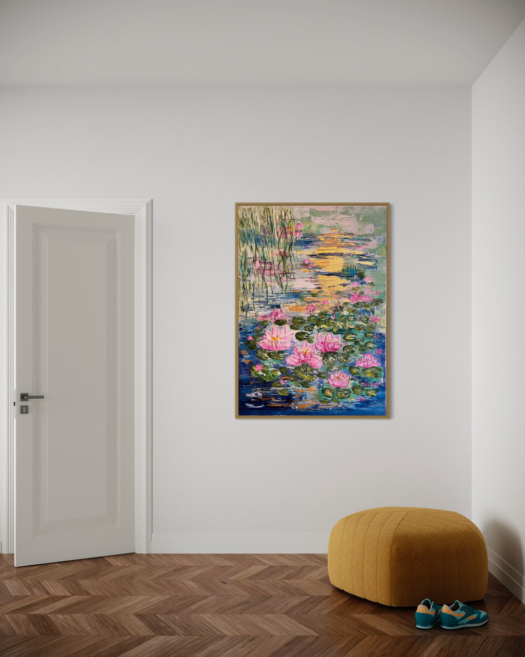 Small framed textured painting with pink water lilies, green lily pads, and blue reflections
