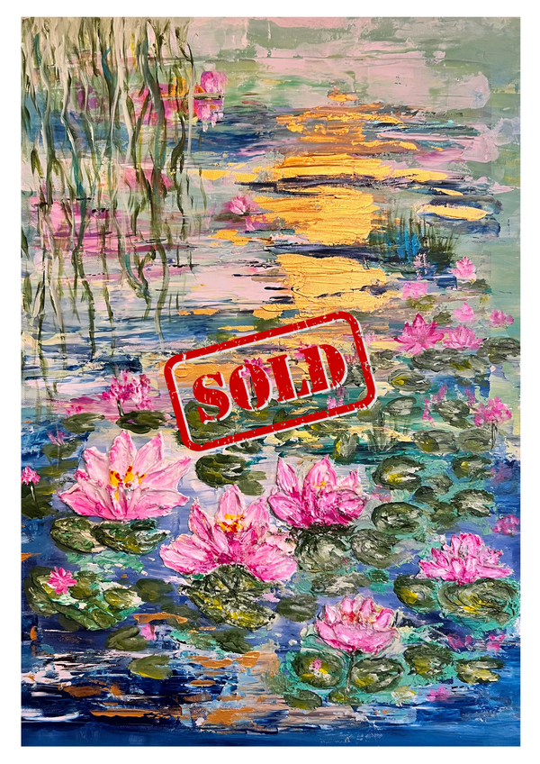 PURITY textured painting of a colorful pond with pink water lilies and abstract brushwork
