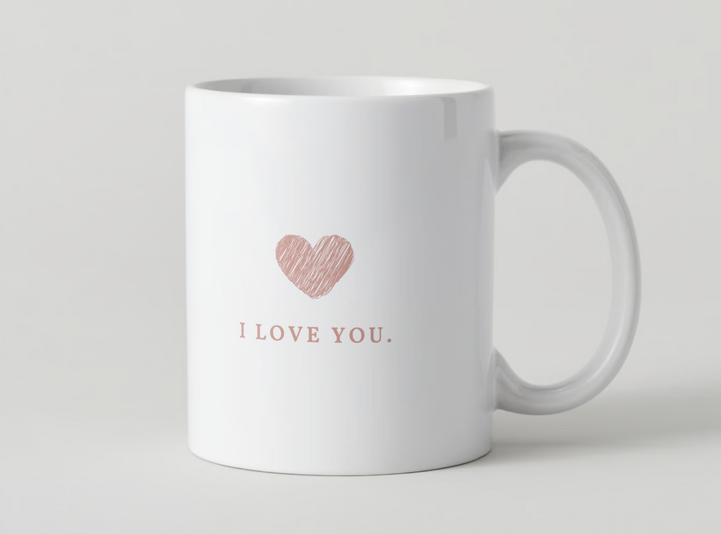 White ceramic mug with rose-gold heart icon and 'I LOVE YOU.' text