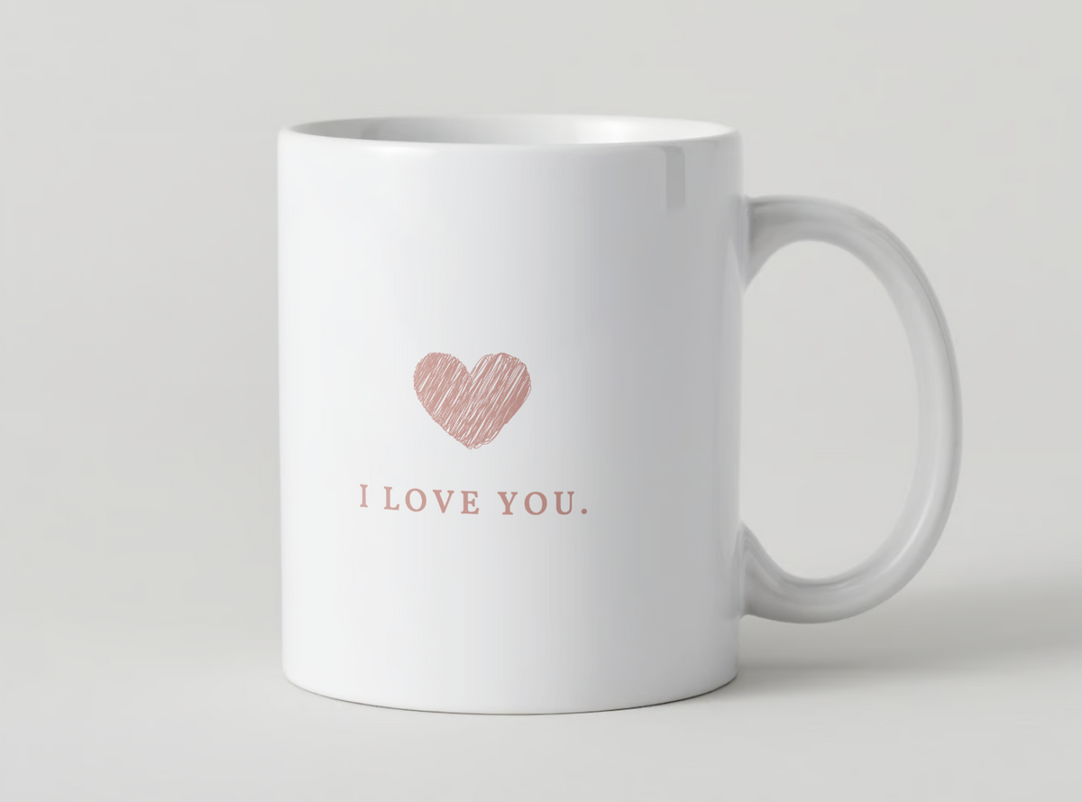 White ceramic mug with rose-gold heart icon and 'I LOVE YOU.' text