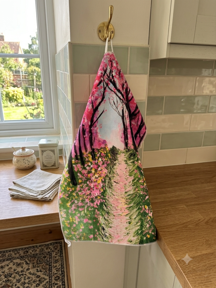 18x26 inch polyester kitchen towel featuring a vibrant pink cherry blossom forest painting, hanging on a wall hook.