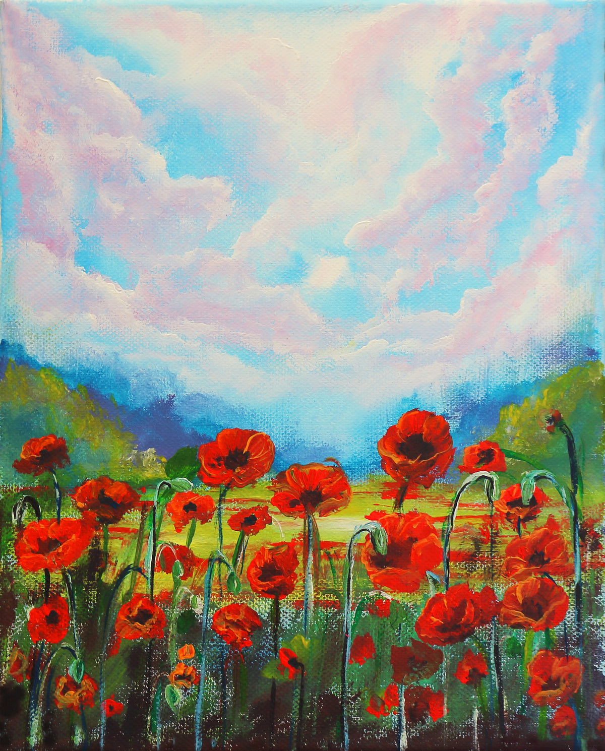 Wildflower artwork with bright red blooms and blue-pink sky gradient, textured paint