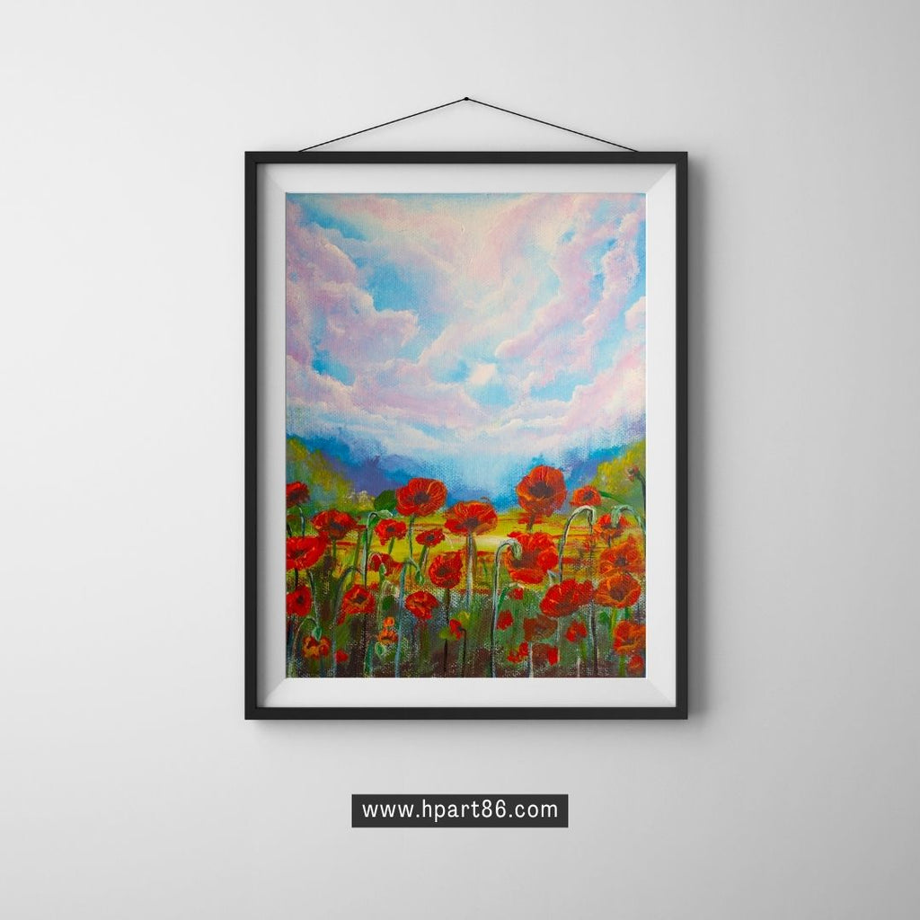 Framed wildflower wall art with red blossoms and pastel clouds, black frame