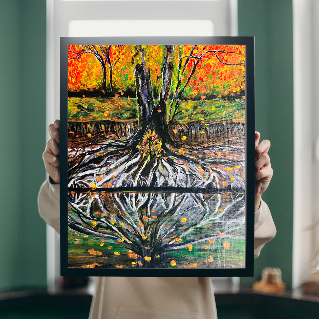 ROOTS - acrylic painting of tree with long roots in autumn by the lake