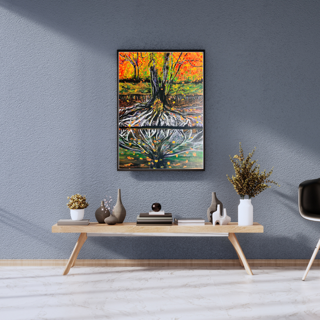 ROOTS - acrylic painting of tree with long roots in autumn by the lake