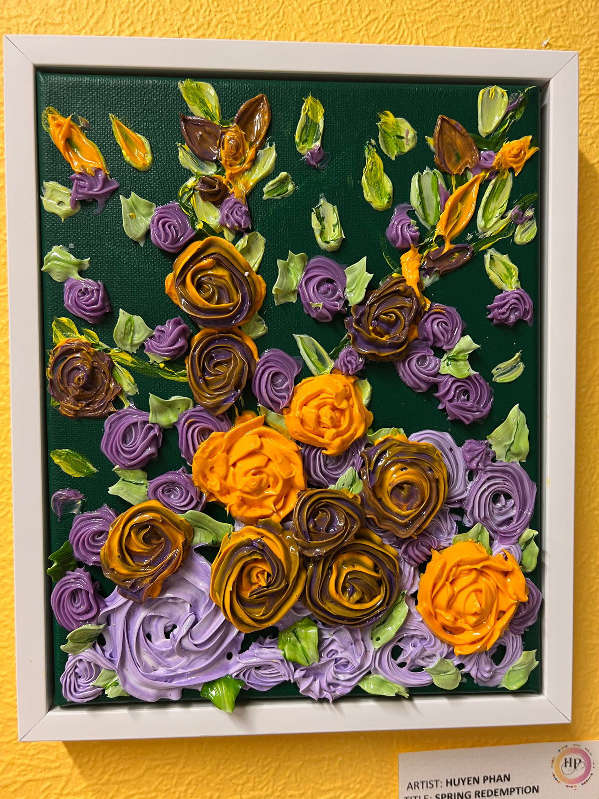 Framed textured rose wall art with purple and orange blossoms, yellow accents, and green leaves