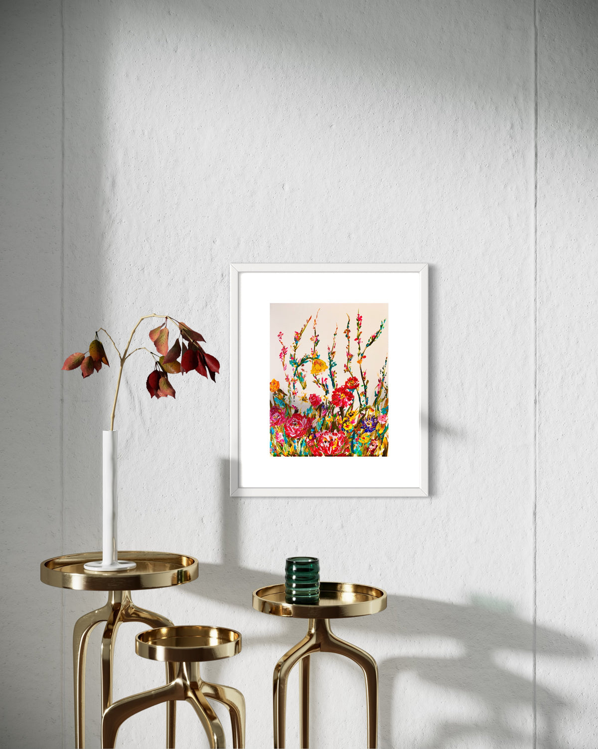 Framed floral wall art print with colorful flowers and tall stems in a white frame