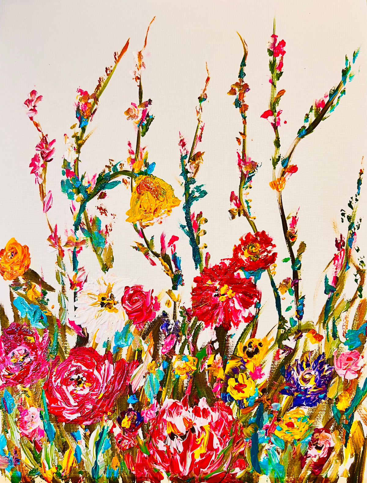 Colorful floral wall art print with bright red, pink, orange blossoms on tall stems