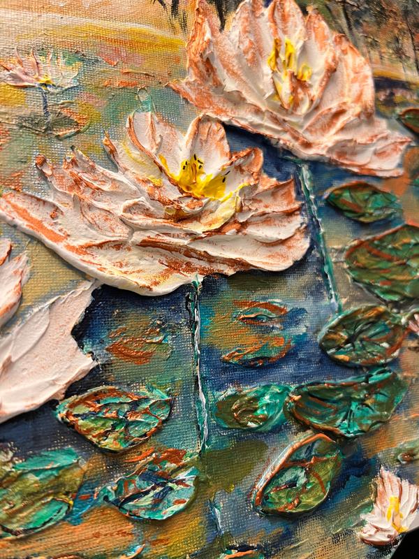 Textured waterlily pond painting detail with raised white lily petals and blue-green pads