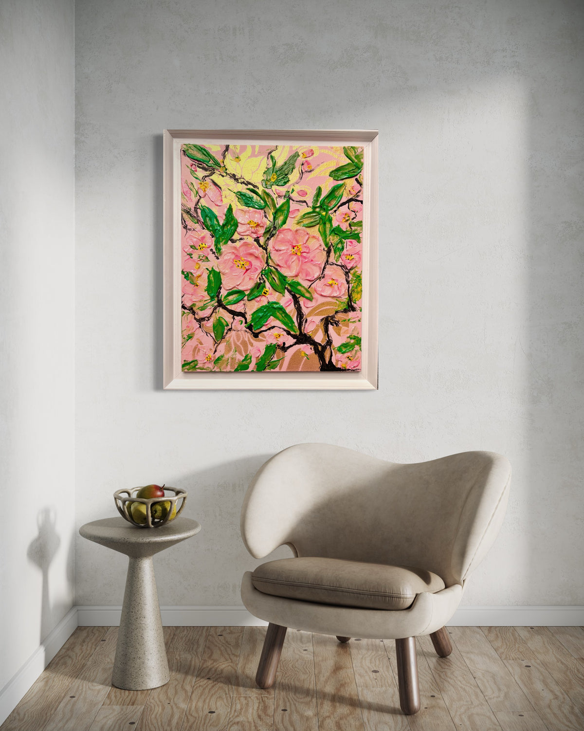 Framed cherry blossom wall painting with pink flowers and green leaves