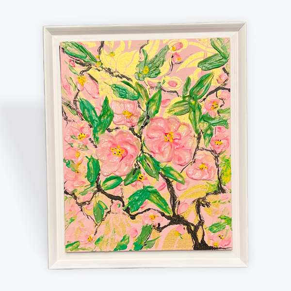 Framed wall painting with textured pink cherry blossoms on a golden background