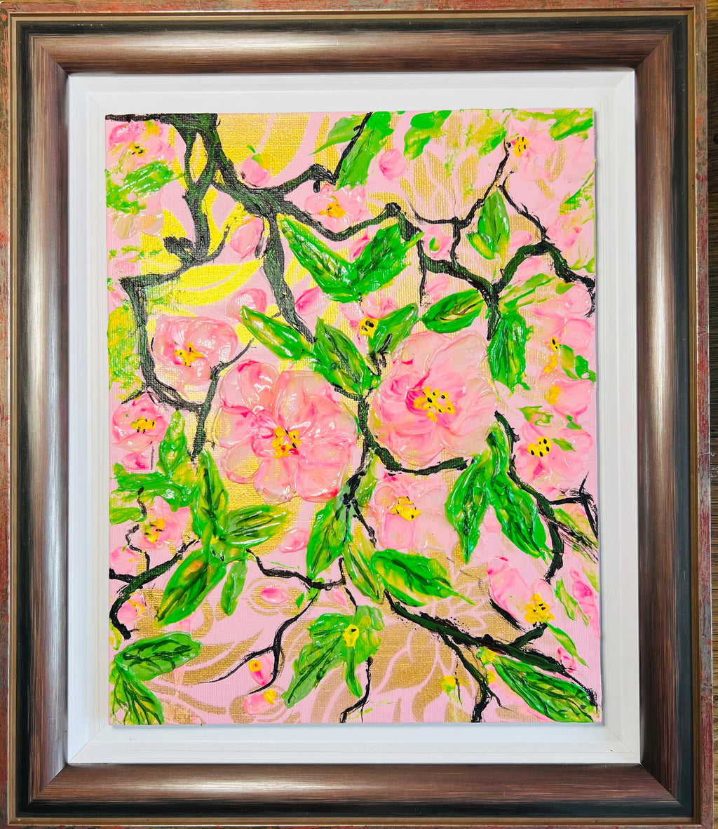 Framed cherry blossom painting in pink, green, and yellow with textured brushwork