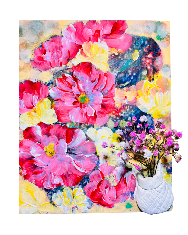 Floral wall art print with pink peonies, yellow accents, and a white quilted vase