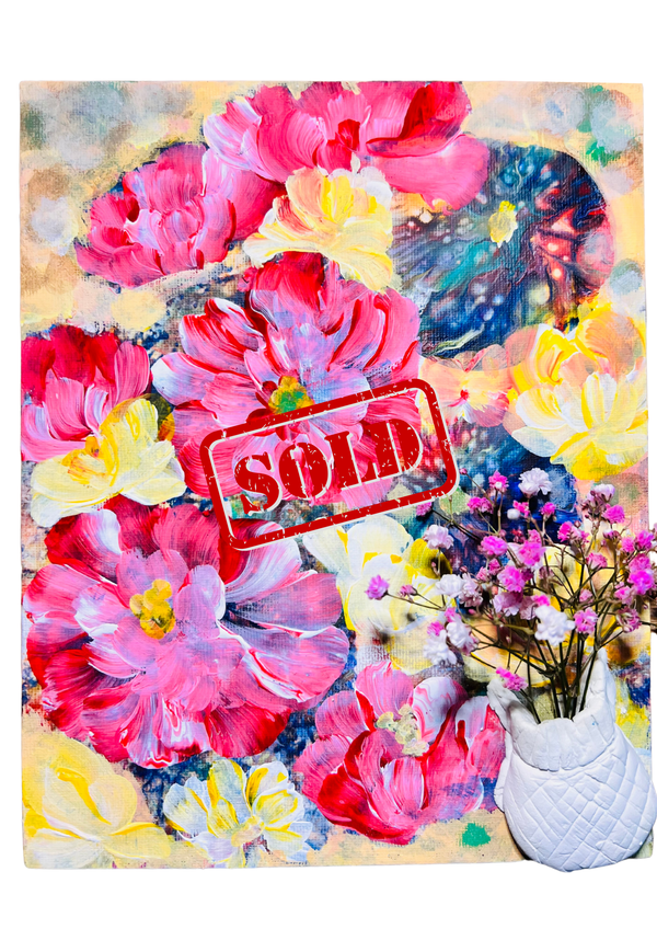 Floral wall art print with pink peonies, a white vase, and a red SPRING label