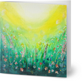 10x10cm square greeting card featuring an abstract hand-painted green flower field with vibrant yellow sunlight.